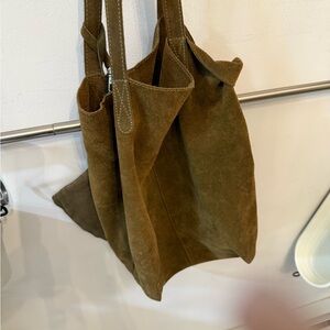 Sage green suede tote bag with attached pouch